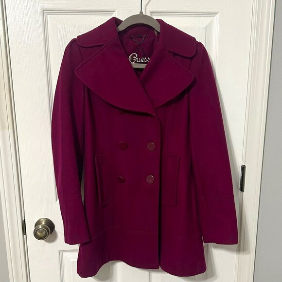 Guess Fuchsia Wool Pea Coat, Jacket, Button Detail, Fully Lined, Pink Purple - Picture 1 of 9